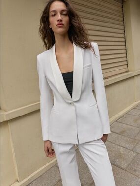 Zara White Satin-Lapel Single-Button Blazer
